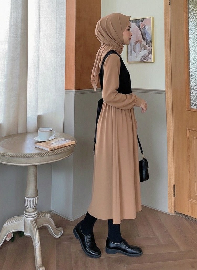 ايه ام فستان نسائي، تصميم خريفي جديد. فستان طويل أنيق على الطراز الفرنسي، بمقاسات كبيرة، يُبرز جمال القوام. - Image 2